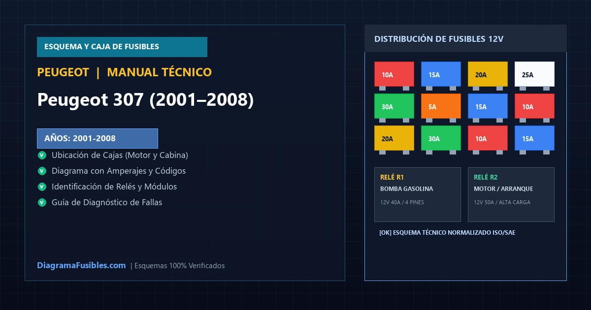 Diagrama de fusibles Peugeot 307 (2001–2008)